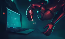 a laptop sitting on a bed with glowing blue light