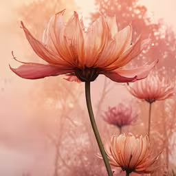 the petals of the flowers are pink with a green center,some pretty pink flowers are in the air