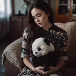 a woman is holding a stuffed panda bear
