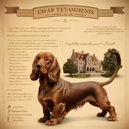 a brown dog standing next to a large house