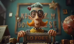 the animated character poses behind a sign with the word yose