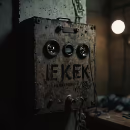 an old machine in a dark room surrounded by lights