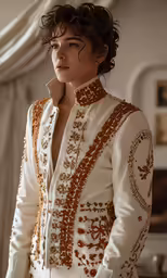 a woman wearing an embroidered white and gold jacket
