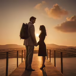 a couple looking at each other while on a dock