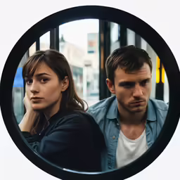 man and woman staring in circular mirror in urban setting