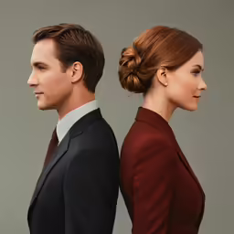 the model poses in a formal dress and suit