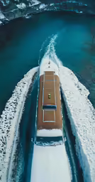 a boat moving through the water in the snow