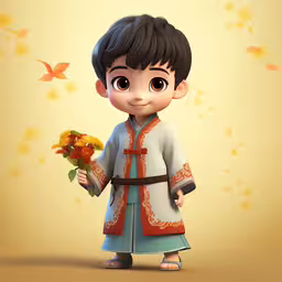 cartoon boy with flowers in a chinese costume,an asian kid holding some flowers in his hand