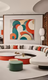 a white room with a large orange, blue, and green art piece on the wall