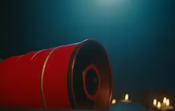 many lit candles are surrounding a red container