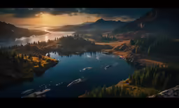 a mountain area next to a lake on the shoreline with boats