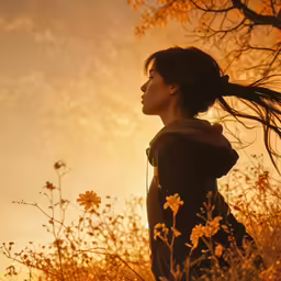 a woman is in a field with the sun shining behind her