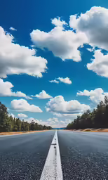 a empty highway beneath a blue sky with fluffy clouds