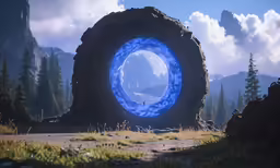 an object made of rock and logs with a blue light inside it
