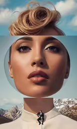 a woman is wearing makeup with a mountain background