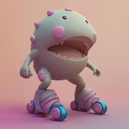an animated robot is skating down the street