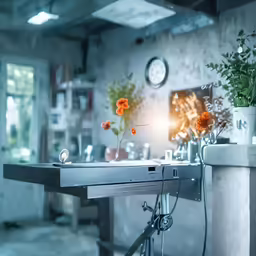a counter with three flowers and candles on top