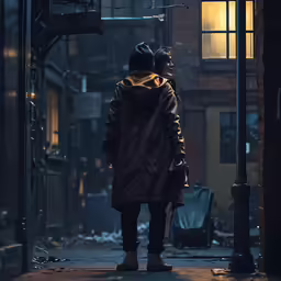 a man walking down an alley in a jacket at night
