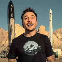 a man poses next to an outside space launch
