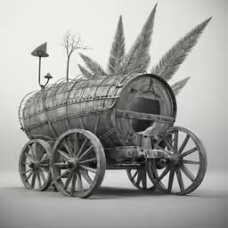 a small wooden wagon with feathers on it
