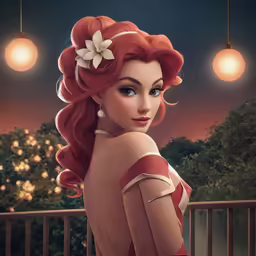 an animated lady with long red hair and big white flower