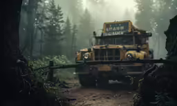a large truck traveling through a forest on a road