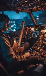 a person in a plane holding an electric guitar