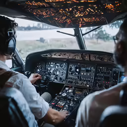 an airplane cockpit with two pilots sitting in it