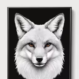 a white fox has an orange eye