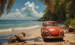 the old vw bug parked on the beach near a palm tree
