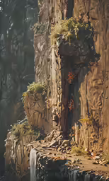 an old waterfall with moss growing on it