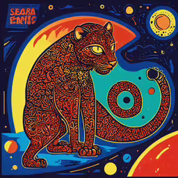 an art work shows a colorful cat sitting in space,the shepard emiis poster is an image of a cat