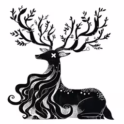 a deer with long black hair on the horns,an ink - drawing of a stag with long hair and branches on its horns