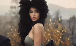 a woman wearing a bra in a forest, has her hair blowing in the wind