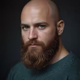 a bald head with blue eyes looks to the side
