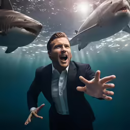 man in suit standing under shark swimming in ocean