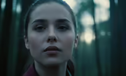 woman staring into the camera in forest