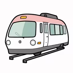 a white and pink train sitting on the tracks