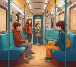 several people are riding the subway car,a cartoon style scene shows two people riding in the subway