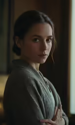 a young woman is posing by the window