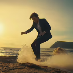 man standing on top of rocks on beach as the sun rises
