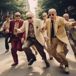 a bunch of men in suits walking on the sidewalk,several men in suit running down the street