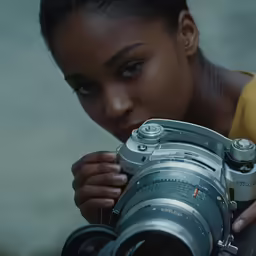 a woman holding a camera with her face close up