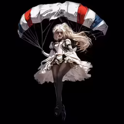 a blonde haired woman holding a red, white and blue para sail kite