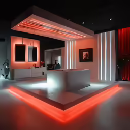a room is illuminated in red and white