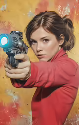 a woman is aiming with a light up gun