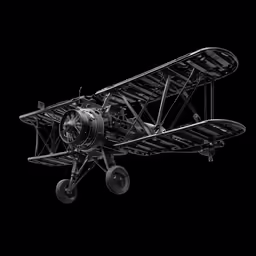 a small airplane flying above a black background