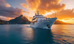there is a white boat in the ocean with orange sky