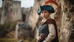 a girl dressed in pirates clothing looking sideways at the camera