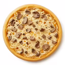 a pizza covered in a mixture of cheese and mushrooms
